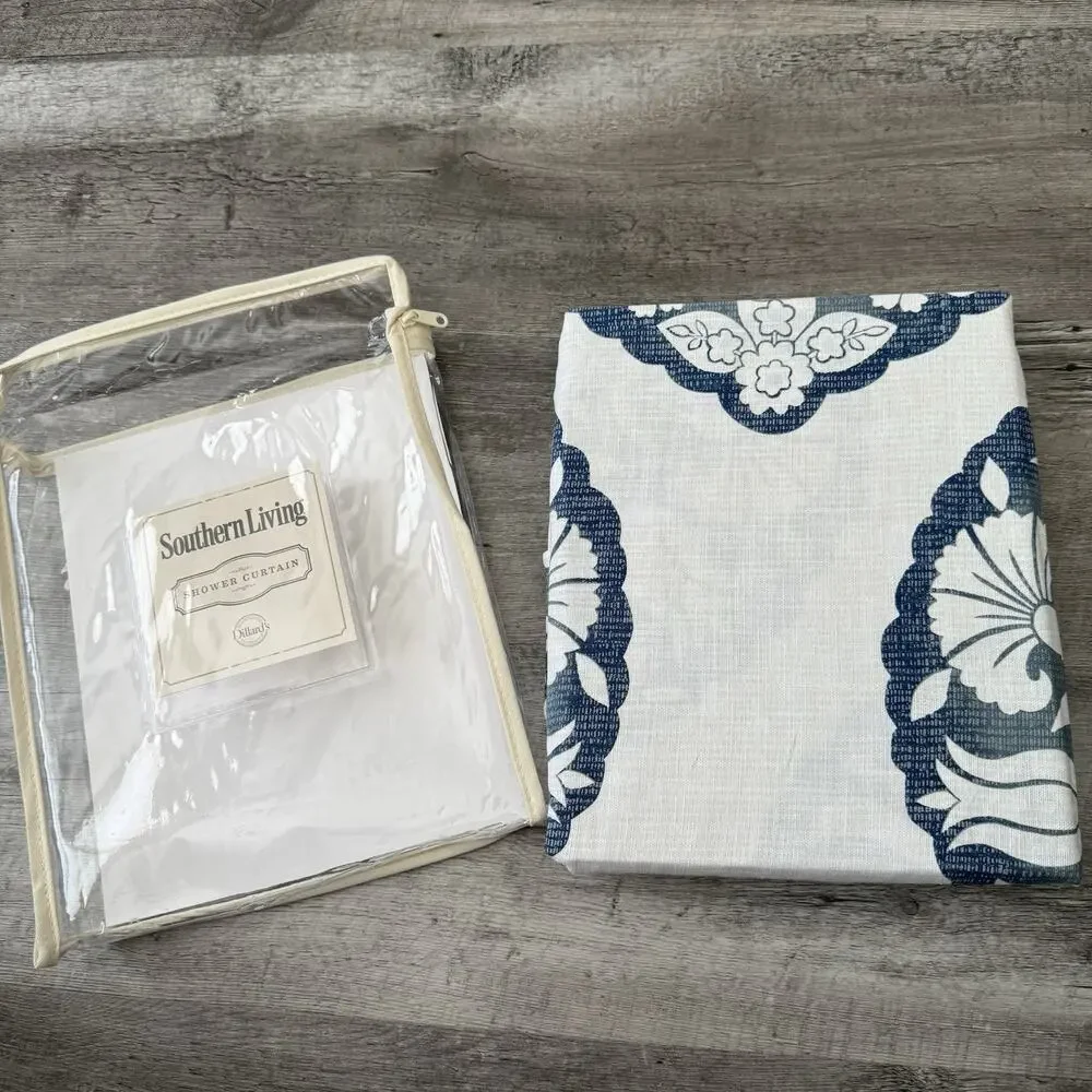 Southern Living Hayden Shower Curtain Blue Gray Floral Medallion Cotton NEW